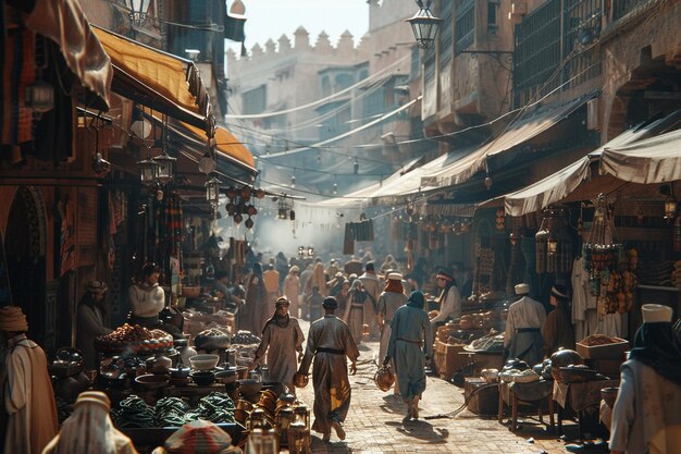 Photo a picture of people walking through a market with a lot of items