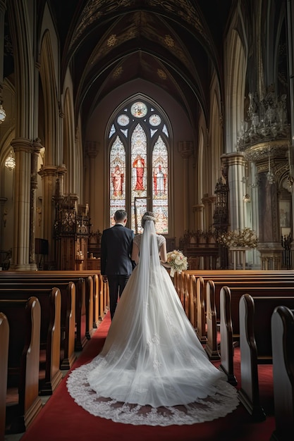 A Picture Perfect Couple on Their Big Day Bride and Groom in Love at Church Wedding Generative AI