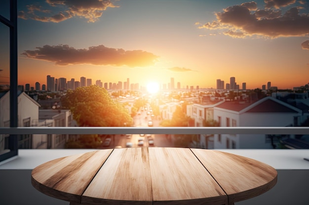 Picture perfect sunset on a balcony with a wooden table and a landscape to advertise your product