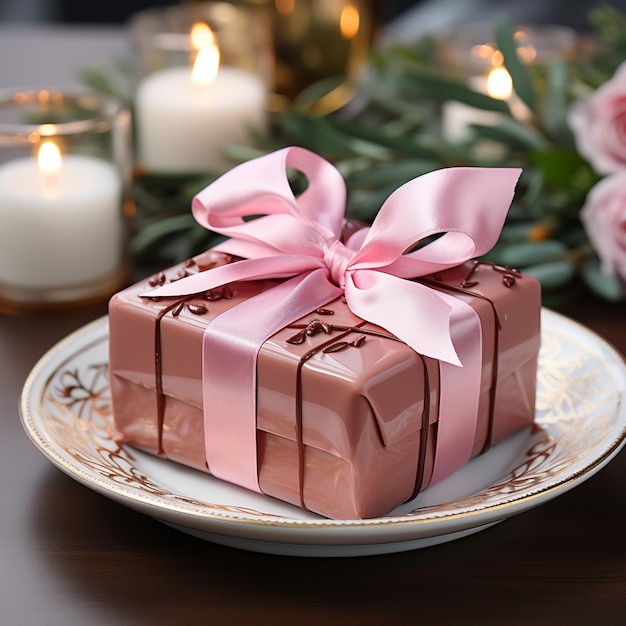 かわいいピンクのリボンで飾られた、とても魅力的なチョコレートの写真