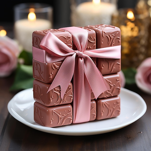 귀여운 핑크색 리본으로 장식된 너무 유혹적인 초콜릿 사진