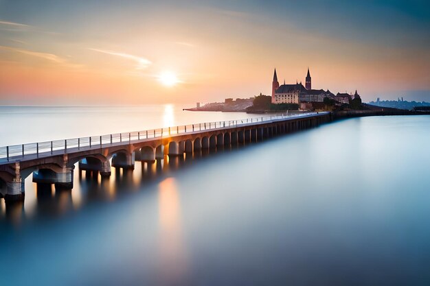 Photo a picture of a pier with the sun setting behind it