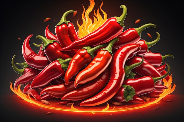 A picture of a pile of hot peppers with flames in the background.