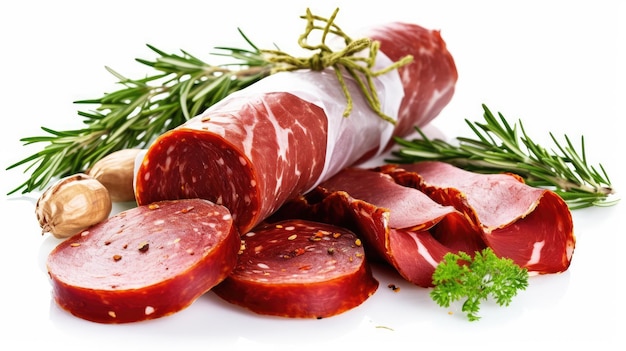 a picture of a pile of salami on a white background