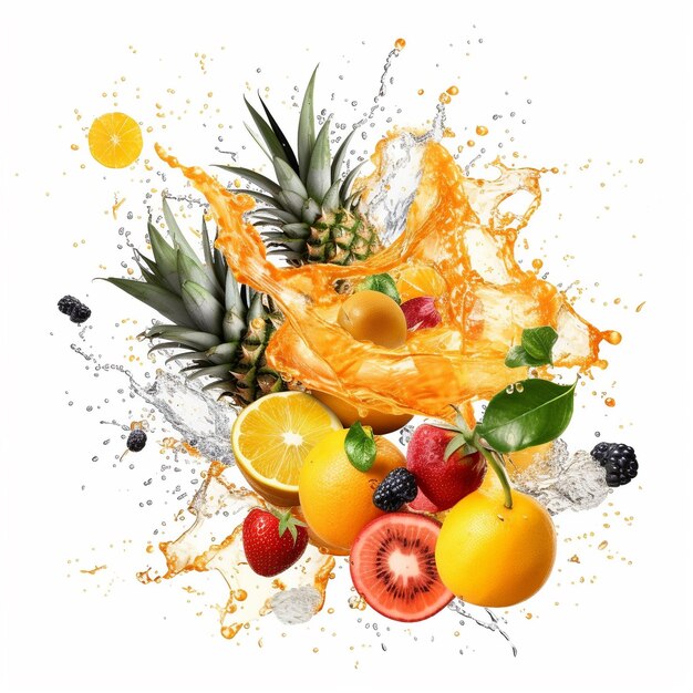 a picture of a pineapple and fruit with a splash of orange juice.