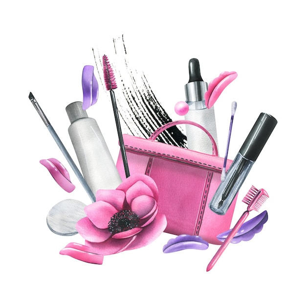 A picture of a pink and purple makeup bag with a flower in it.