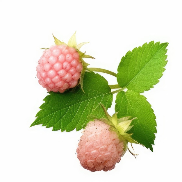 A picture of a pink raspberry with green leaves.