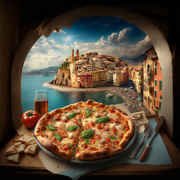 A picture of a pizza with a view of a city and a city on the background.