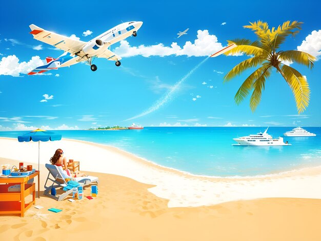 A picture of a plane and a woman on a beach.