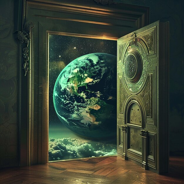 Photo a picture of a planet and a door with a door open