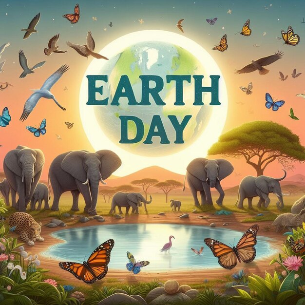 Photo a picture of a planet earth day with butterflies around it