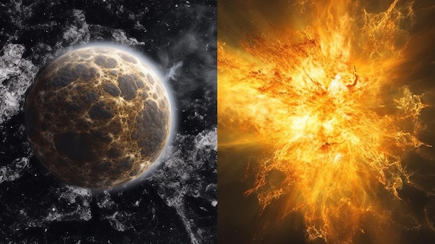 A picture of a planet and a planet with a fireball