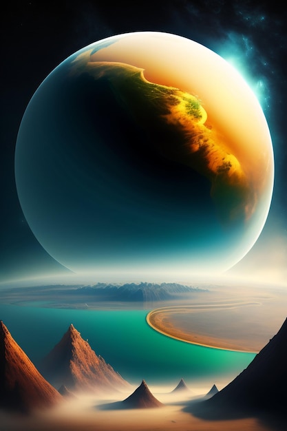 A picture of a planet with a blue and yellow globe in the middle
