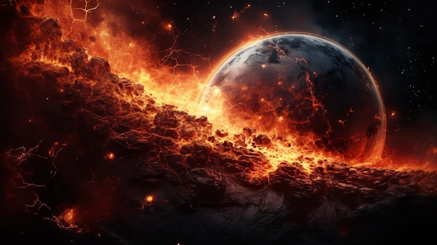 A picture of a planet with fire and the words fire on it