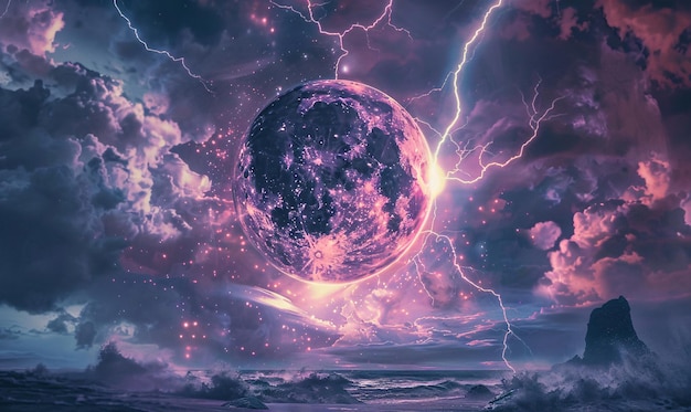 Photo a picture of a planet with lightning bolts and a purple skygeomagnetic explosion scene illustration