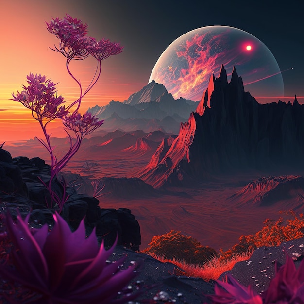 A picture of a planet with a planet and a plant with the sun in the background.