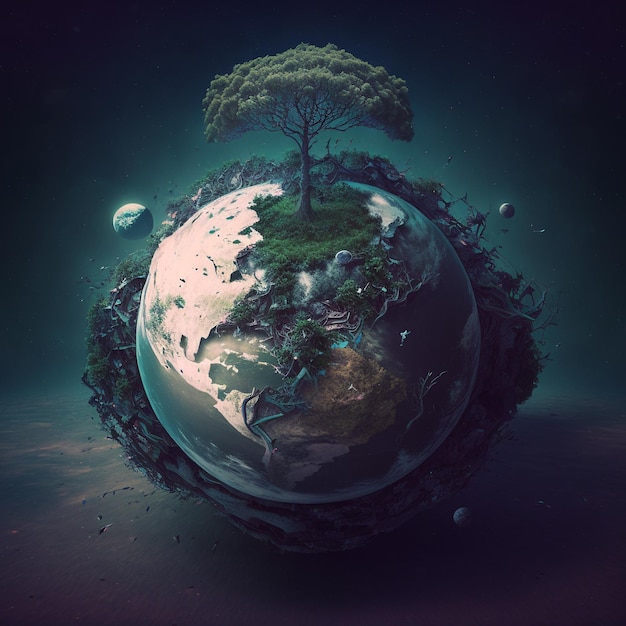 A picture of a planet with a tree on it