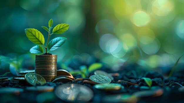 Photo a picture of a plant growing from a pile of coins