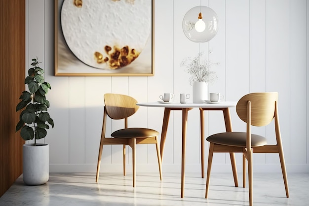 椅子のあるテーブルと「コーヒー」と書かれた椅子のあるテーブルの上の壁に植物の写真が掛けられています。