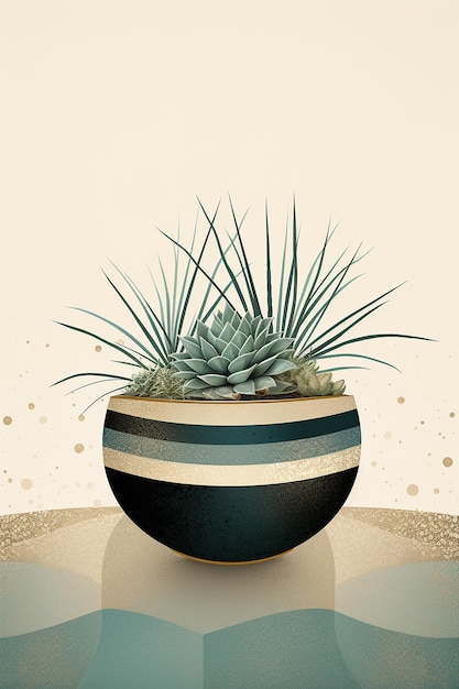 a picture of a plant in a pot with a blue and white stripe.