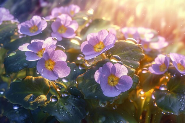 A picture of a plant with purple flowers and the sun shining on it.