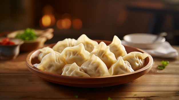 Picture of a plate of dumplings on wooden table