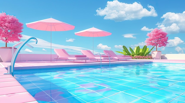 Photo a picture of a pool with pink umbrellas and chairs