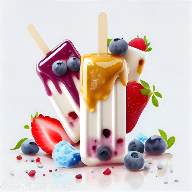 A picture of popsicles with blueberries and strawberries on them.