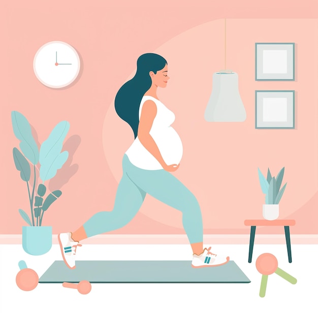 a picture of a pregnant woman with a pink background with a clock on the wall