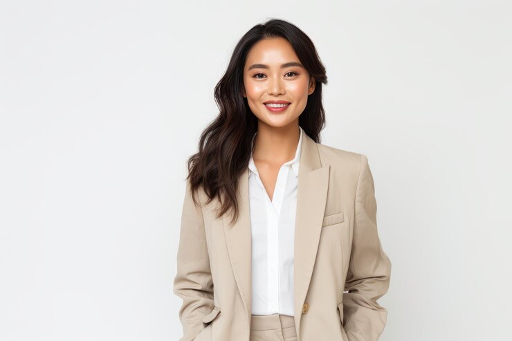 Photo picture of a pretty asian lady with long black hair dressed in a beige suit feeling happy and look