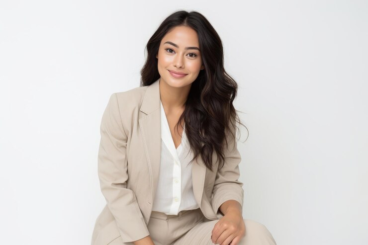 Photo picture of a pretty asian lady with long black hair dressed in a beige suit feeling happy and look
