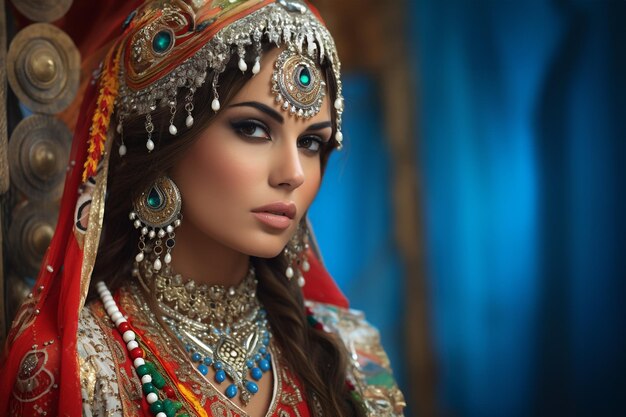 A picture of a pretty woman in traditional clothes talking on a mobile phone