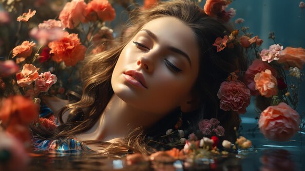 Foto immagine di una bella giovane donna che galleggia nell'acqua coperta di petali di fiori ai generativa