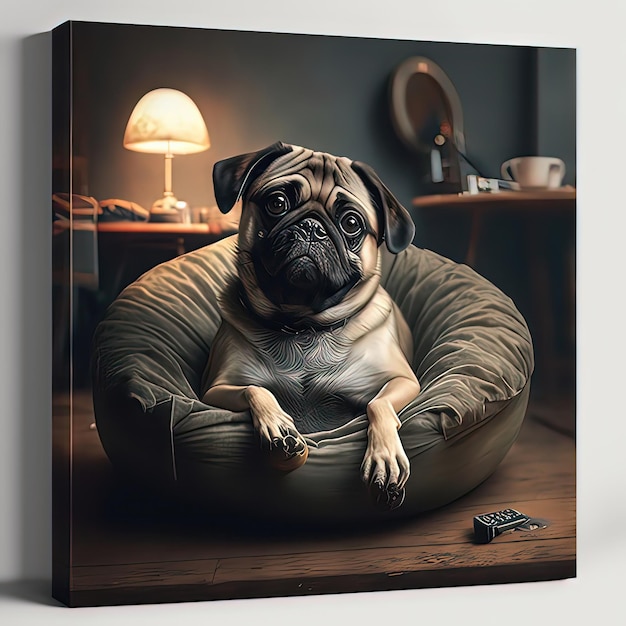 A picture of a pug that lies on a pillow against the background of the room Man's friend cute animals pet high resolution art generative artificial intelligence
