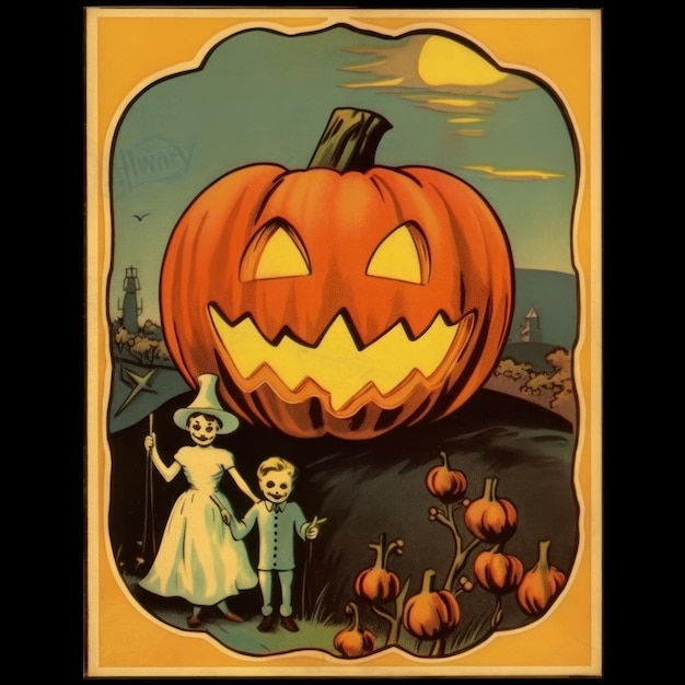 a picture of a pumpkin with a girl and a ghost on it.