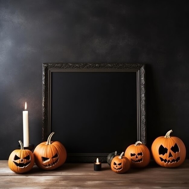 a picture of pumpkins and a mirror on a wooden table.