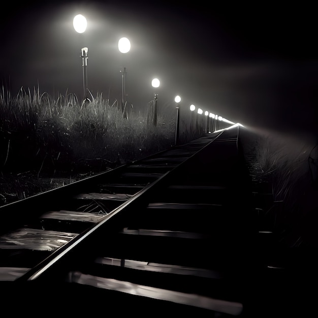 Picture of a railway with lights and at night