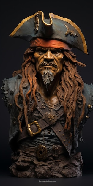 Picture Realistic Organic Sculpting Old Damaged Pirate In Copper