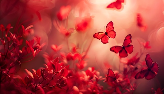 Photo a picture of red flowers with butterflies on them