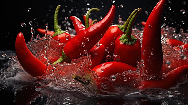 Photo a picture of red peppers in water with a splash of water splashing