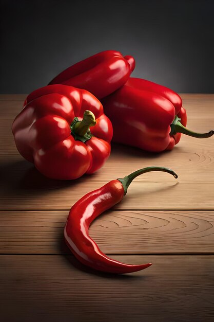 A picture of red peppers on a wooden table