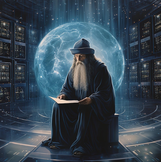 A picture of a religious man reading a book with a blue planet in the background
