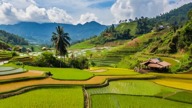 a picture of rice fields and mountains with a village in the background