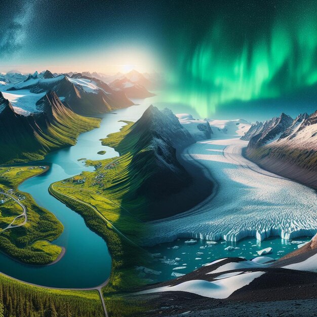 a picture of a river and the aurora borealis