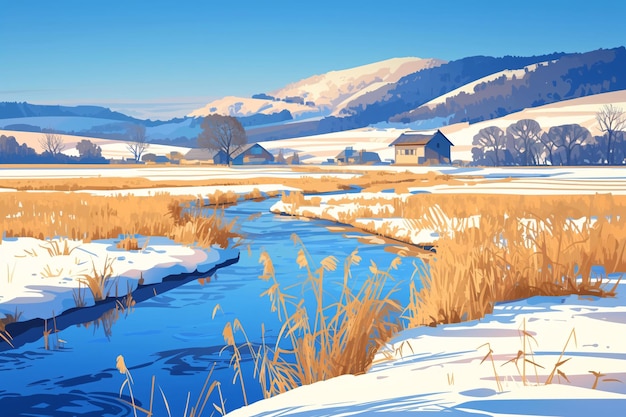 배경에 산이 있는 강의 그림, 겨울에 많은 눈이 내리는 일러스트레이션