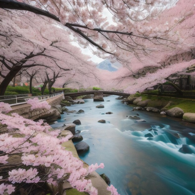 A picture of a river with pink flowers on it