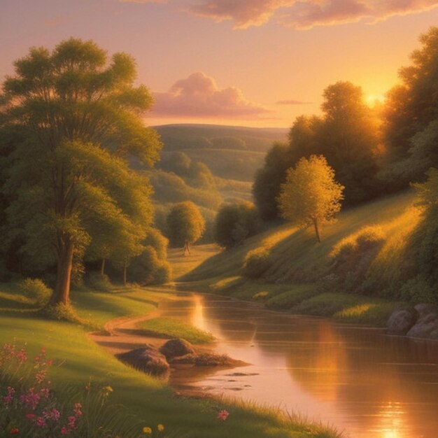 a picture of a river with a sunset in the background