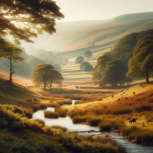 a picture of a river with trees and a field with a river running through it