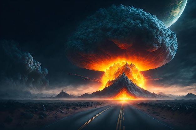 A picture of a road with a cloud and a volcano on the left side.