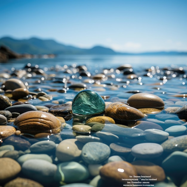 a picture of a rock pool with a leaf on it